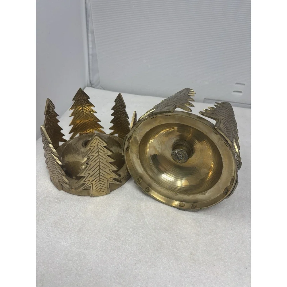 Vtg Round Brass Candle Holder Pine Trees‎ Hand Made India 6